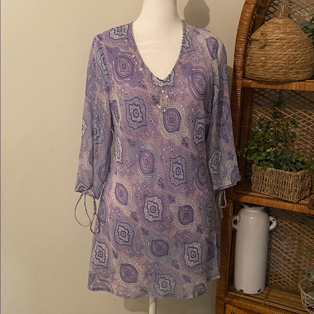 New York City Design Co. Women's Plum Colored Floral Print tunic blouse Y2K med